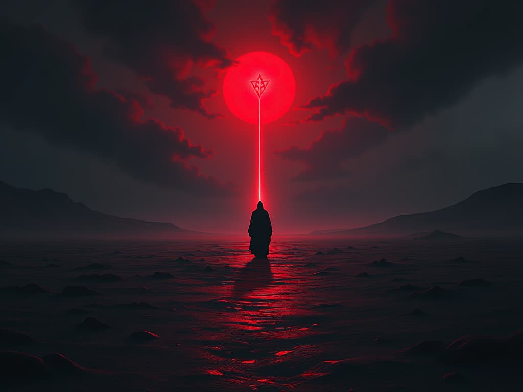  a desolate landscape with a single beacon of light illuminating a solitary path, symbols of guidance and hope scattered along the path, dark clouds parting above.. the style is dark fantasy and mysterious occult, symbolic, moody lighting, esoteric vibe,high detail on character design. for the color scheme emphasize blacks and reds.