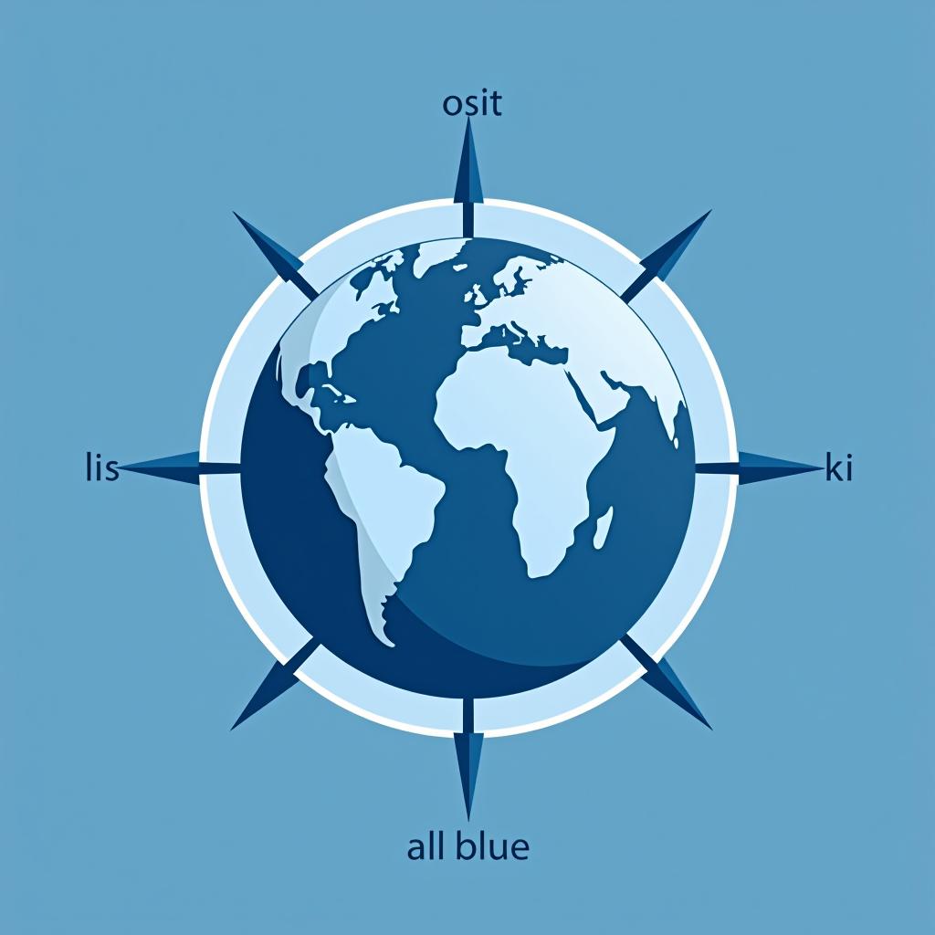  design a logo, the planet earth with the needles north south east west., with the text 'all blue'.