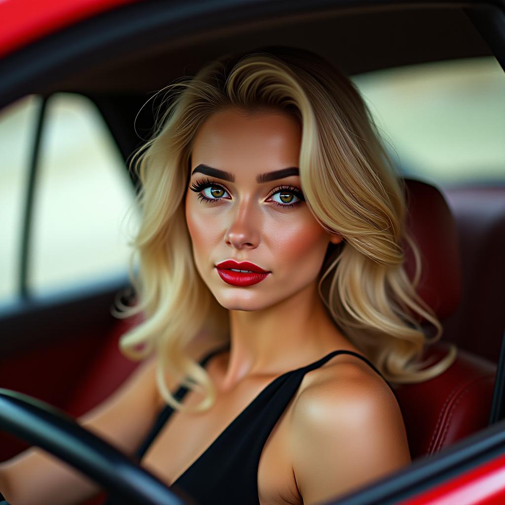  make an image of a woman with blonde 90s styled hair and red lipstick with brown eyes and wearing a black dress in a red honda cr x