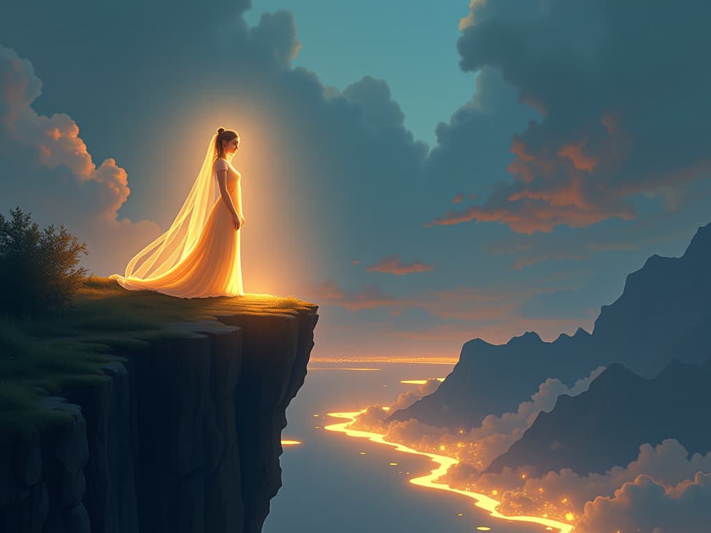  a luminous being standing on a cliff edge, glowing landscape below, ethereal light reinforcing their presence, aura of integrity and authenticity. the style is digital art illustration,highly detailed, whimsical,magical, dreamlike atmosphere, realism and fantasy blend, smooth, glossy textures,luminous quality, wonder and enchantment.