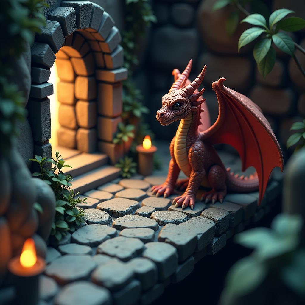  imagine a scene from a 3d platform video game set inside a dungeon featuring an isometric, intricate style. the composition includes a dragon waiting, adding a dramatic element. the scene employs a tilt shift effect, lending an illusion of a miniature model like environment. this technique enhances the game's visual appeal by focusing sharply on the dragon while softly blurring the dungeon surroundings, creating a depth that captivates the viewer. the style and technical approach combine to craft a mesmerizing, unique gaming experience.