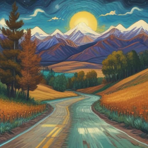 Mountains, trees, field, winding road, car in Van Gogh style with Mountains background