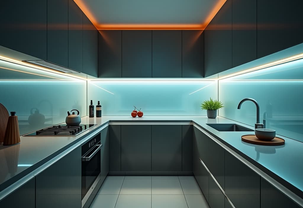  a landscape photo of a small kitchen with a glass backsplash and glossy surfaces, reflecting light and creating depth, with a minimalist design and hidden appliances hyperrealistic, full body, detailed clothing, highly detailed, cinematic lighting, stunningly beautiful, intricate, sharp focus, f/1. 8, 85mm, (centered image composition), (professionally color graded), ((bright soft diffused light)), volumetric fog, trending on instagram, trending on tumblr, HDR 4K, 8K