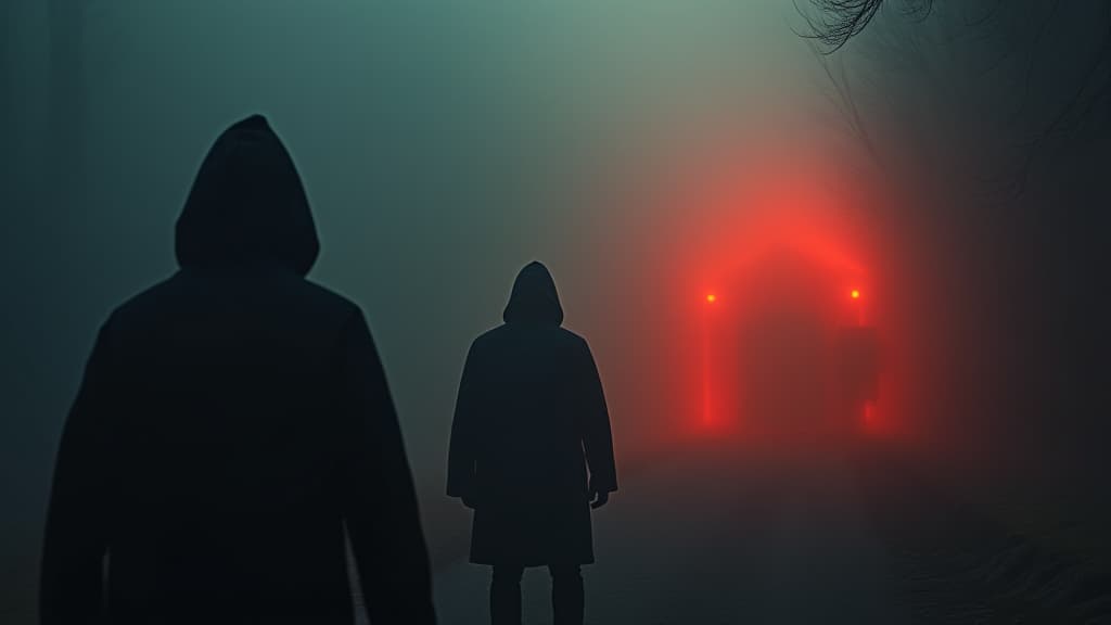  images about horror stories, the ominous presence of two shadowy figures watching the delivery from a distance. hyperrealistic, full body, detailed clothing, highly detailed, cinematic lighting, stunningly beautiful, intricate, sharp focus, f/1. 8, 85mm, (centered image composition), (professionally color graded), ((bright soft diffused light)), volumetric fog, trending on instagram, trending on tumblr, HDR 4K, 8K