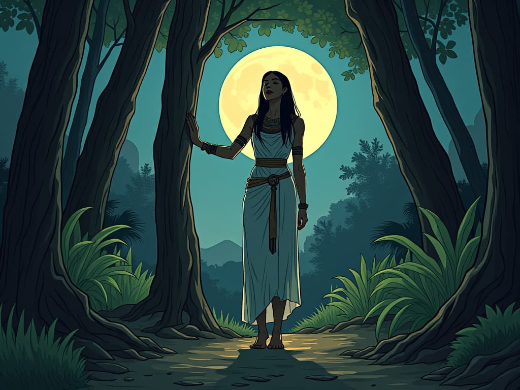  barefoot woman in ancient egyptian clothing, standing on a forest path under the full moon, hand on a tree trunk, eyes closed, sync with earth's pulse, deep connection atmosphere. the style is digital art illustration / modern comic book / mysterious occult, symbolic, esoteric vibe,high detail on character design, incorporating ancient egyptian symbology and attire.