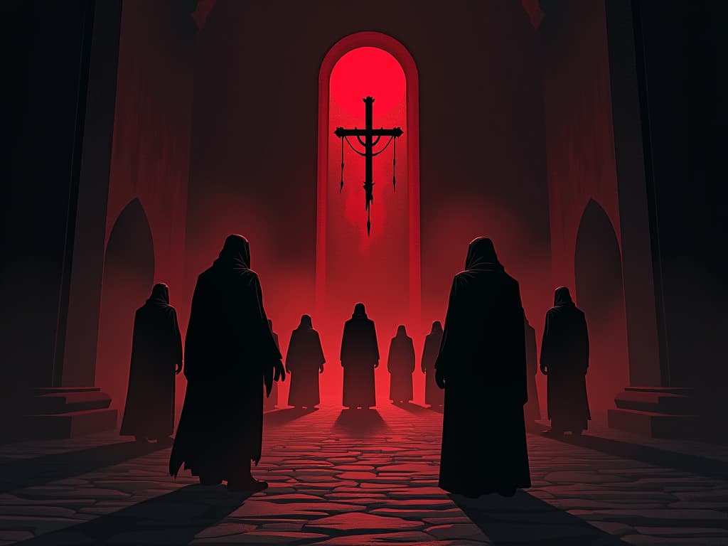  dimly lit chamber, disciples' figures dimly seen, shadowy judas slinking away, heavy air of remorse and terror. the style is dark fantasy and mysterious occult, symbolic, moody lighting, esoteric vibe,high detail on character design. for the color scheme emphasize blacks and reds.