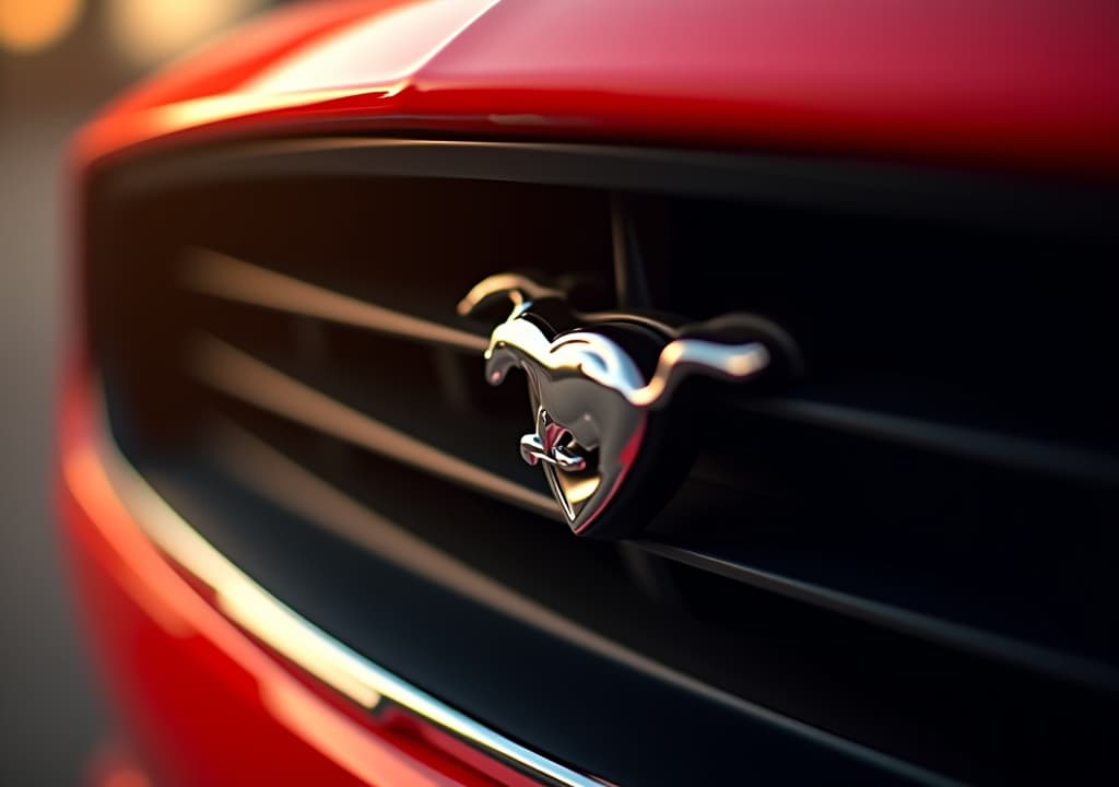  "a hyper realistic close up shot of the front grille of a red lamborghini. the image captures the detailed lamborghini emblem in the center, with the grille's sleek lines and reflective metallic surfaces. the lighting casts a warm, cinematic glow, similar to the mustang image, emphasizing the contours and textures of the emblem and grille. the background is subtly blurred, keeping the focus on the emblem and the fine details of the car."