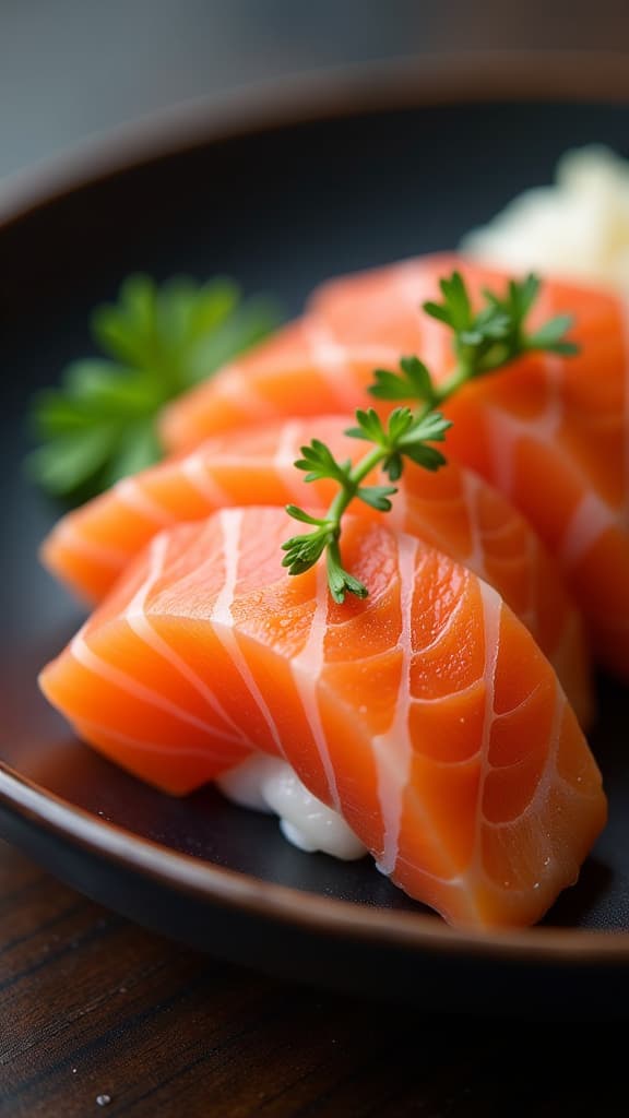  professional detailed photography, sliced fresh salmon sashimi serve on a black japanese style plate, closeup shot ar 9:16, (muted colors, dim colors, soothing tones), (vsco:0.3)