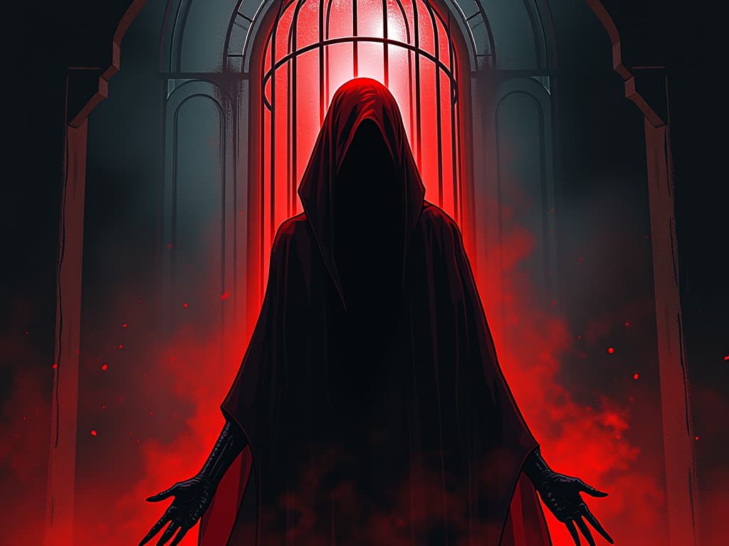  ghostly figure in red veils, imprisoned within a luminous cage of echoed grievances. the style is digital art illustration / modern comic book / graphic dark novel fantasy and mysterious occult, symbolic, moody lighting, esoteric vibe,high detail on character design. for the color scheme emphasize blacks and reds.