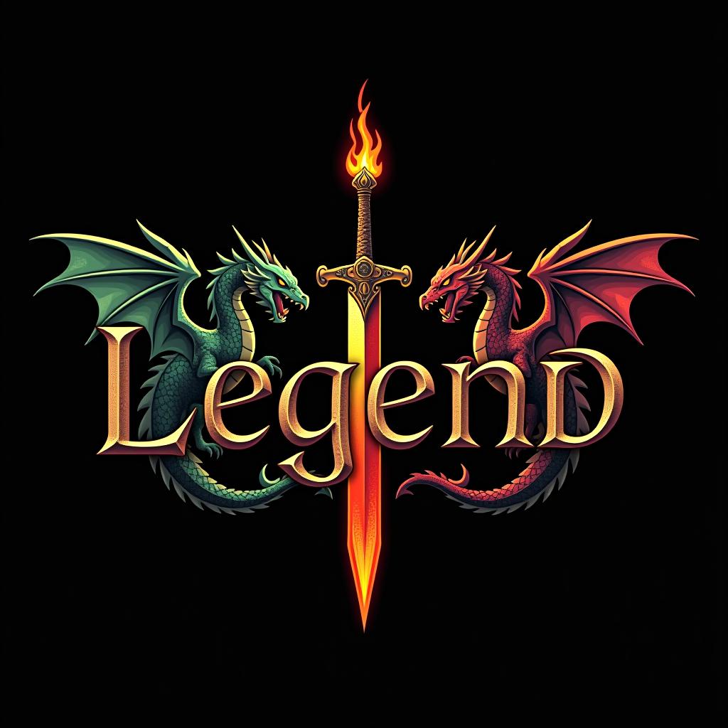  design a logo. custom sticker design on an isolated black background with the words ‘legend’ in bold font decorated by mythical dragons and a flaming sword