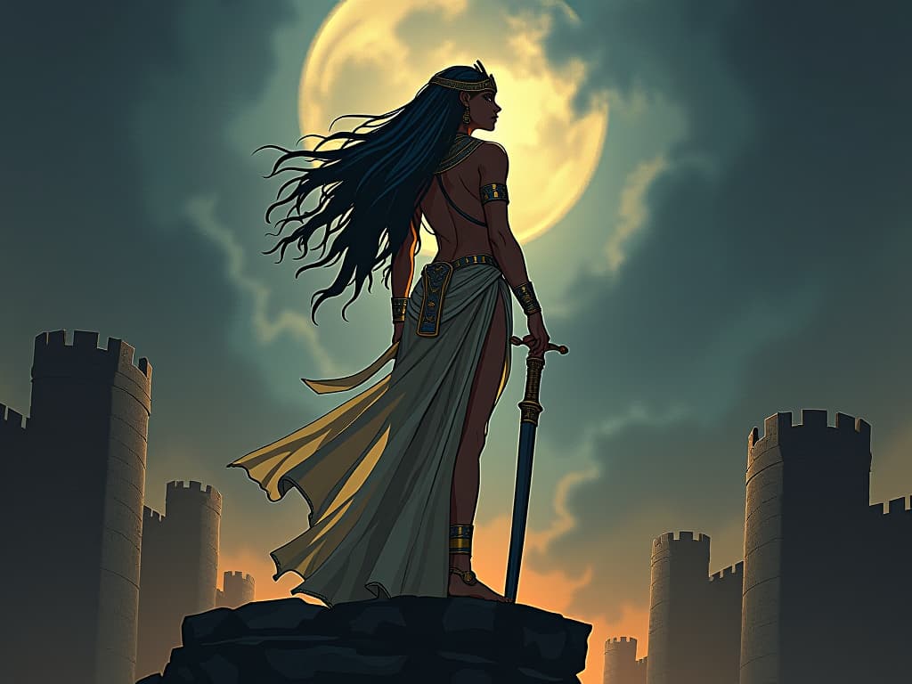  an egyptian warrior goddess, large busted in a sheer battle gown, standing atop fortress walls, gazing into the stormy sky, exhilaration in her stance, night alive with charged energy. the style is digital art illustration / modern comic book / mysterious occult, symbolic, esoteric vibe,high detail on character design, incorporating ancient egyptian symbology and attire.