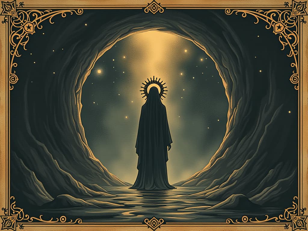  figure standing in a portal between two realms, one physical and one ethereal, transition, convergence, metaphysical. an illustration in the style of a worn, mystical old tarot trump card, mysterious and elements of surrealism. the colors are muted, somber and eerie, but with contrast bring out an occult and esoteric vibe.