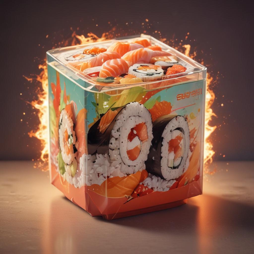 distance-shot, flashy, full-body, dynamic, holographic, animated cartoon poster of a take-out box of sushi in the style of dragon ball super