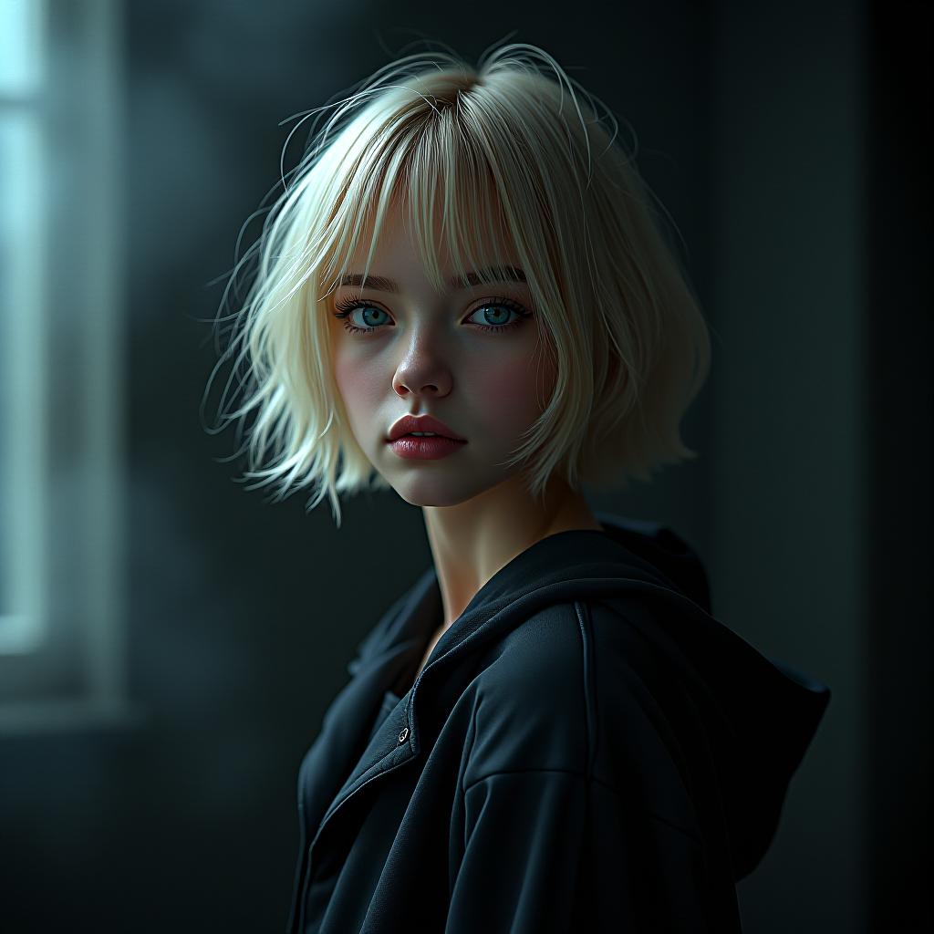  xxmix girl,1girl,fluffyshorthair,darktheme,blondehair,messyhair,filmgrain,fog,blackthememtyndall hyperrealistic, full body, detailed clothing, highly detailed, cinematic lighting, stunningly beautiful, intricate, sharp focus, f/1. 8, 85mm, (centered image composition), (professionally color graded), ((bright soft diffused light)), volumetric fog, trending on instagram, trending on tumblr, HDR 4K, 8K