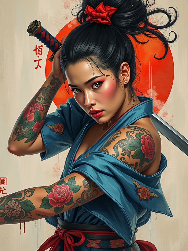  create a multi layered image of a magical yakuza , wielding a katana, depicted in a half pose. she is adorned with intricate ritual tattoos that weave across her skin, telling stories of strength and mystique. emphasize her striking green eyes and a complex, elaborate hairstyle that flows with energy. utilize palette knife strokes to create a textured appearance, blending pastel colors that evoke depth and movement. the portrait should appear to emerge from the very texture of the canvas, with sharp, dynamic strokes adding a sense of life and motion. the background should feature an abstract interpretation of a chinese poster, merging with the ’s form in a surreal pop art style hyperrealistic, full body, detailed clothing, highly detailed, cinematic lighting, stunningly beautiful, intricate, sharp focus, f/1. 8, 85mm, (centered image composition), (professionally color graded), ((bright soft diffused light)), volumetric fog, trending on instagram, trending on tumblr, HDR 4K, 8K