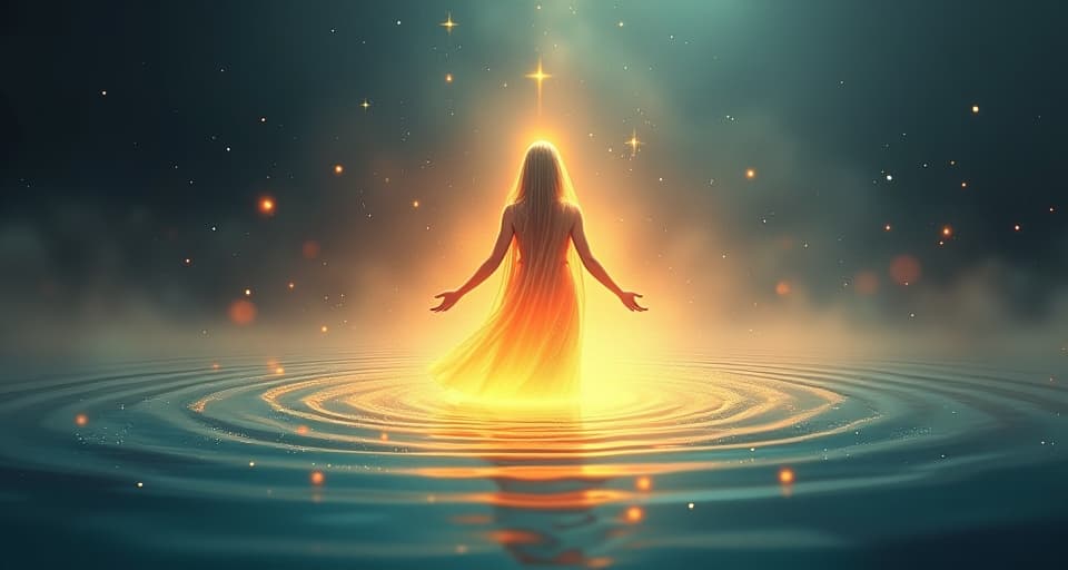  a radiant spirit emerging from a glowing, mystical pool, surrounded by twinkling lights and ethereal mist, symbolizing a resurgence beyond the material realm. spiritual awakening, ethereal mist, transcendent glow.. the style is digital art illustration,highly detailed, whimsical,magical, dreamlike atmosphere, realism and fantasy blend, smooth, glossy textures,luminous quality, wonder and enchantment.