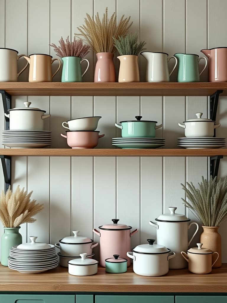  high quality portrait photo of an array of vintage enamelware in various pastel shades arranged on rustic wooden shelves against a whitewashed plank wall, with sprigs of dried herbs and flowers interspersed hyperrealistic, full body, detailed clothing, highly detailed, cinematic lighting, stunningly beautiful, intricate, sharp focus, f/1. 8, 85mm, (centered image composition), (professionally color graded), ((bright soft diffused light)), volumetric fog, trending on instagram, trending on tumblr, HDR 4K, 8K