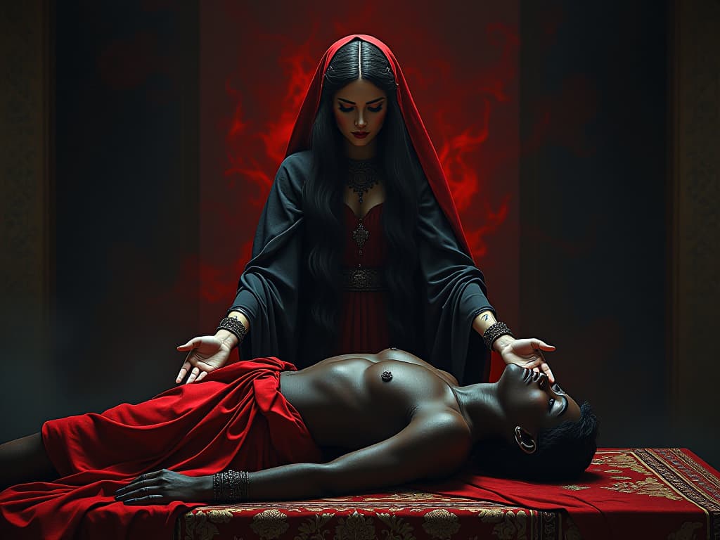  isis extending her hands over a figure lying on an altar, ancient healing ritual, serene expression, blend of earthly and divine. the style is black magick and mysterious occult, symbolic, dark gothic sharply contrasting colors, esoteric vibe. for the color scheme emphasize blacks and reds.