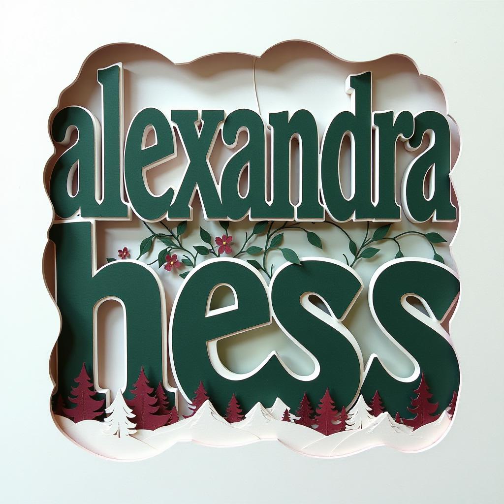  3d papercut shadow box of the logo for the band in big letters "alexandra hess" is light dark green and burgundy, white, cold colors. . layered, dimensional, depth, silhouette, shadow, papercut, handmade, high contrast