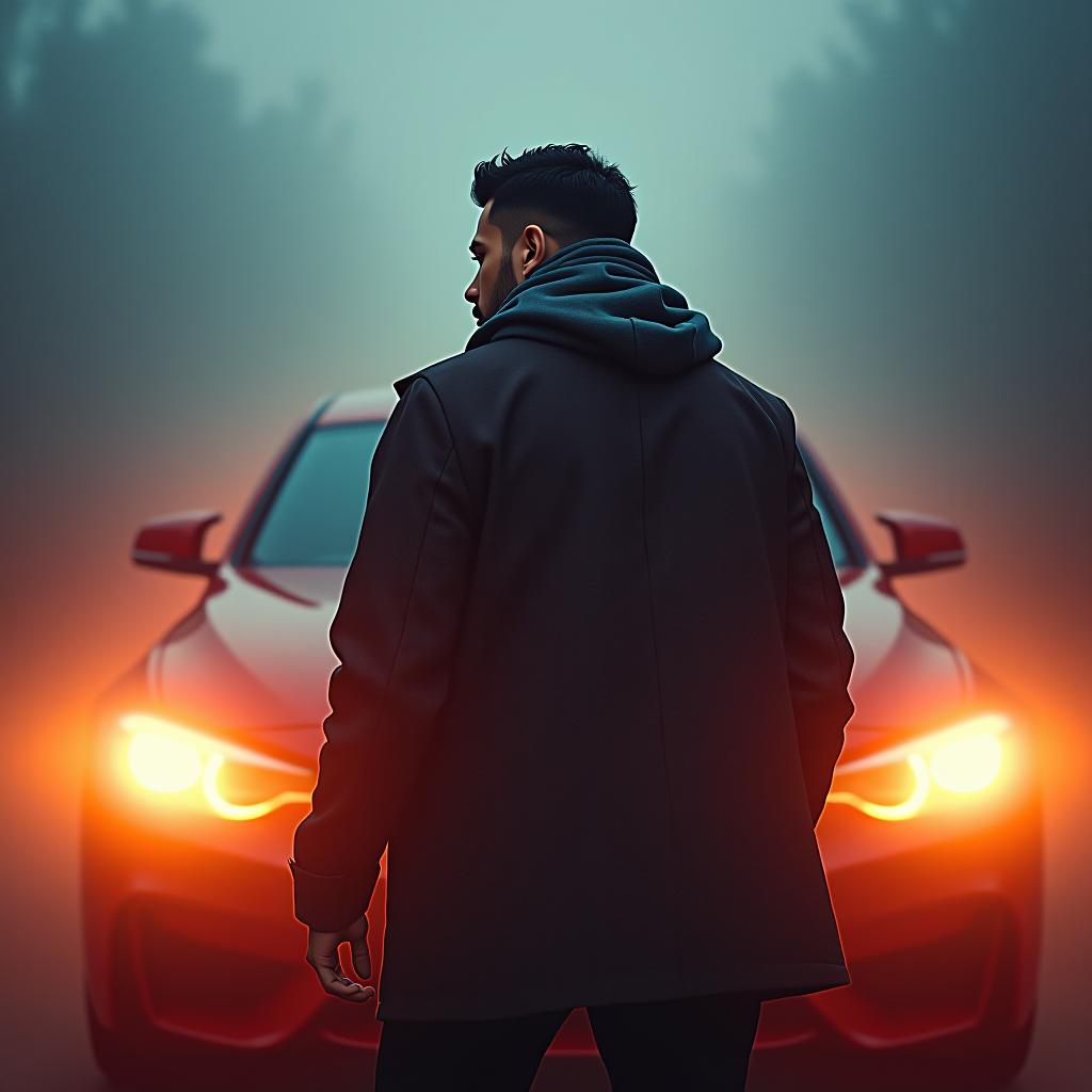  against the background of the automobile, only to be a man hyperrealistic, full body, detailed clothing, highly detailed, cinematic lighting, stunningly beautiful, intricate, sharp focus, f/1. 8, 85mm, (centered image composition), (professionally color graded), ((bright soft diffused light)), volumetric fog, trending on instagram, trending on tumblr, HDR 4K, 8K