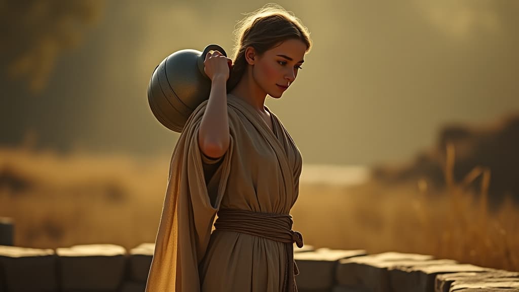  history of biblical times, rebecca, a beautiful young woman carrying a water jug on her shoulder, gracefully approaching the well, exuding innocence and kindness. hyperrealistic, full body, detailed clothing, highly detailed, cinematic lighting, stunningly beautiful, intricate, sharp focus, f/1. 8, 85mm, (centered image composition), (professionally color graded), ((bright soft diffused light)), volumetric fog, trending on instagram, trending on tumblr, HDR 4K, 8K