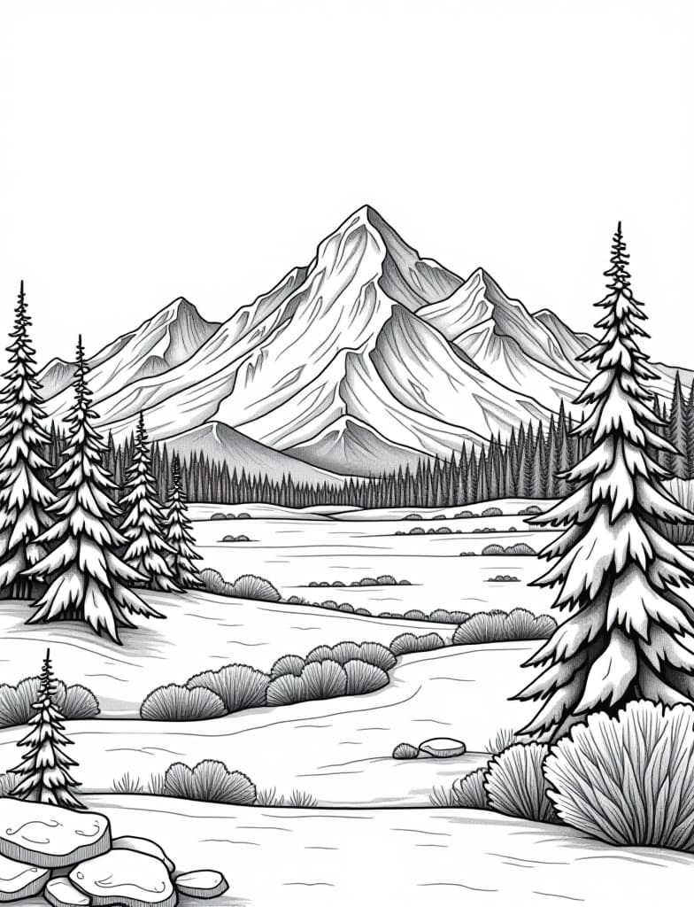  this is for an adult coloring page. a detailed black and white line art of a snowy snowy landscape with a distant view of a mountain range on a solid white background.