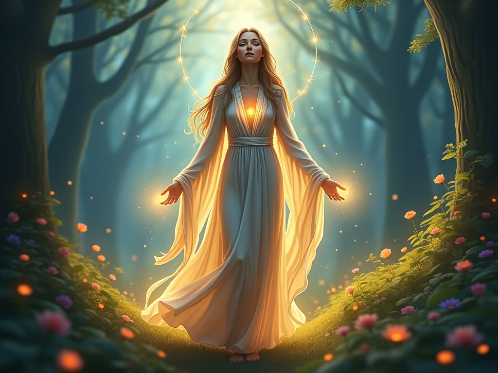  an ethereal being in flowing, radiant robes, standing in a luminous enchanted forest, glowing flowers around, symbolizing wisdom and alignment, serene, enlightened.. the style is digital art illustration,highly detailed, whimsical,magical, dreamlike atmosphere, realism and fantasy blend, smooth, glossy textures,luminous quality, wonder and enchantment.