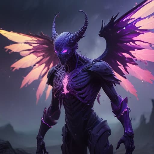 Create a stunning digital artwork of Nekrosis Necross, a divine being shrouded in shadowy mist with glowing eyes that pierce through the darkness. Its skeletal wings stretch out majestically as it hovers above a desolate wasteland, surrounded by swirling purple energy. The intricate details of its armor and eerie aura are emphasized by the artist's use of vibrant colors and dynamic lighting. The overall composition should convey a sense of otherworldly power and mystery, capturing the essence of this enigmatic creature. fantastical creatures or characters inspired by mythology, folklore, or popular culture. use vibrant colors, sharp lines, intricate details, dynamic poses, dramatic lighting, atmospheric backgrounds, and blend anime, manga, 