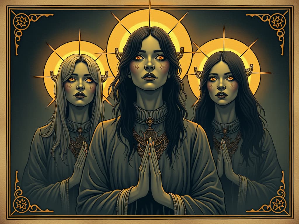  ordinary individuals transformed with radiant halos, eyes glimmering with insight, surrounded by symbols of wisdom, dark and mystical atmosphere, transformation. an illustration in the style of a worn, mystical old tarot trump card, mysterious and elements of surrealism. the colors are muted, somber and eerie, but with contrast bring out an occult and esoteric vibe.