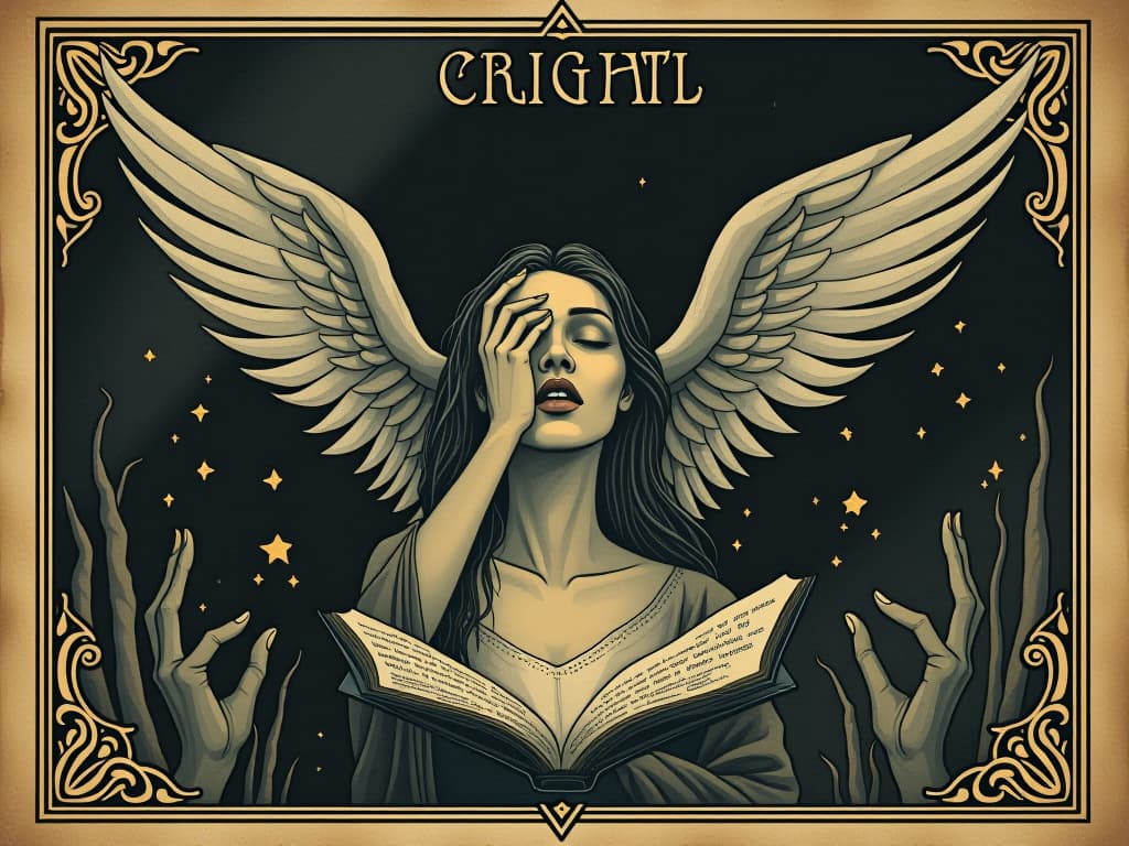  a figure whispering secrets, winds carrying words, ethereal and ancient, sense of revelation and truth. an illustration in the style of a worn, mystical old tarot trump card, mysterious and elements of surrealism. the colors are muted, somber and eerie, but with contrast bring out an occult and esoteric vibe.