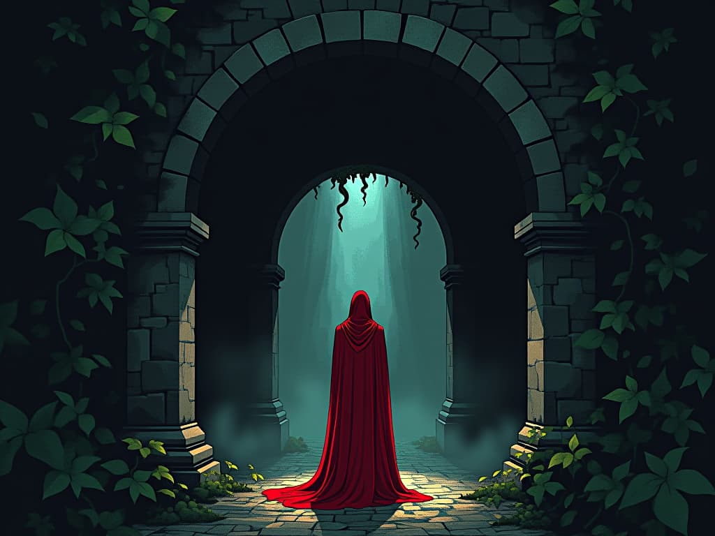  figure in red standing under an ancient stone arch, surrounded by ivy, a glimpse of protective energy shimmering. the style is digital art illustration / modern comic book / graphic dark novel fantasy and mysterious occult, symbolic, moody lighting, esoteric vibe,high detail on character design. for the color scheme emphasize blacks and reds.