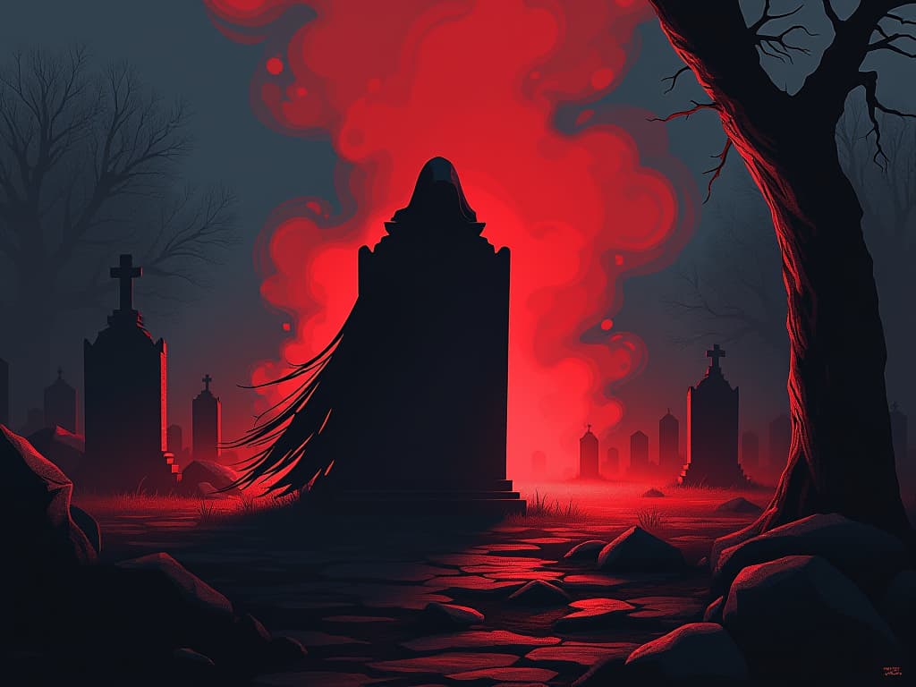  red mist, swirling around a gravestone, constant reminder, desolate cemetery. the style is digital art illustration / modern comic book / graphic dark novel fantasy and mysterious occult, symbolic, moody lighting, esoteric vibe,high detail on character design. for the color scheme emphasize blacks and reds.