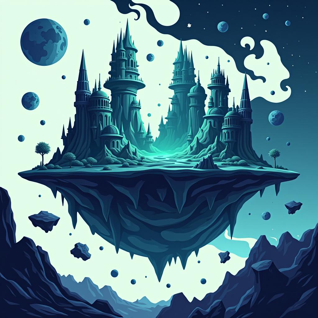  white background. left side: a simple vector graphic showing a hyper realistic alien planet's front view, featuring mysterious structures, bioluminescent patches, and sections of the planet split into floating fragments with glowing edges. unique architectural forms, and floating planetary fragments. elements adding a dynamic, otherworldly feel. cartoon and disney style.