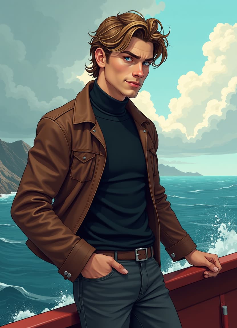  gta style artwork a young man, wobbly wavy hair of medium length, wide straight eyebrows, blue eyes, nose with a hump, plump lips, dimple on the chin, a beautiful line of cheekbones, light bristles, smirk, tall, athletic, courageous, dressed in a black turtleneck, dark gray jeans, on top of a leather jacket with a dark brown color, stands at the high side of the ferry leaning on the railing, sea, waves, clouds, clouds, overcastly . satirical, exaggerated, pop art style, vibrant colors, iconic characters, action packed