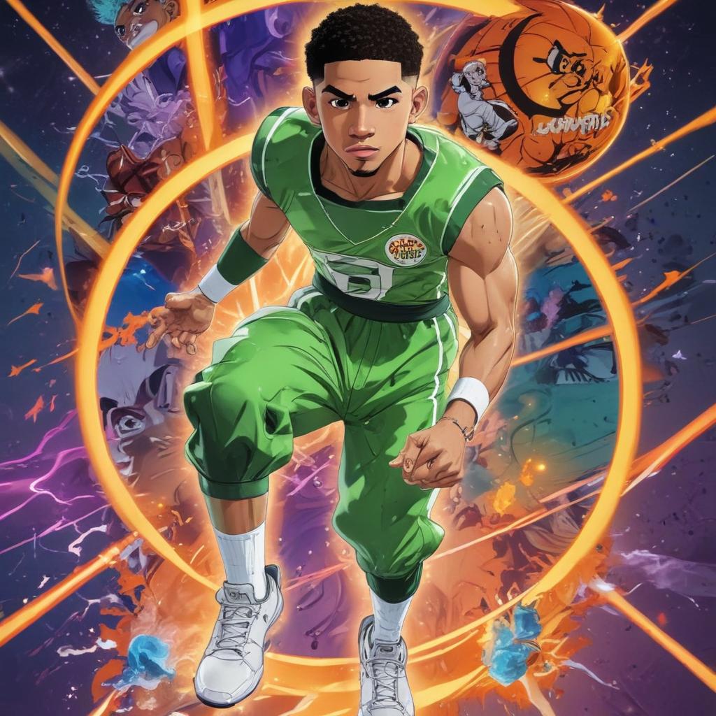 distance-shot, flashy, full-body, dynamic, holographic, animated cartoon poster of jayson tatum in the style of dragon ball super