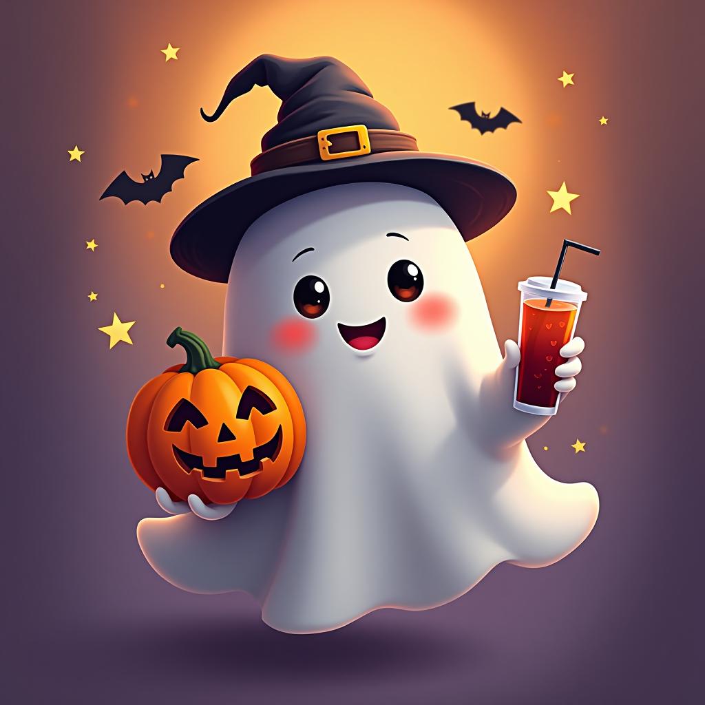  create a digital painting featuring a cute ghost character. the ghost should be wearing a hat. in one hand, the ghost should hold a pumpkin with a carved face, and in the other hand, a halloween themed drink. the background should be colorfull and include small black bats and stars to add a playful halloween touch. the overall style should be cute, whimsical, and colorful hyperrealistic, full body, detailed clothing, highly detailed, cinematic lighting, stunningly beautiful, intricate, sharp focus, f/1. 8, 85mm, (centered image composition), (professionally color graded), ((bright soft diffused light)), volumetric fog, trending on instagram, trending on tumblr, HDR 4K, 8K