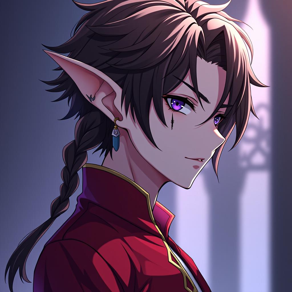  anime artwork dark elf male marble white leather, brown hair, lavender eyes, dressed in a red feothed shirt with red gold on top of a purple shadow with a leather to skin to size, a hair style. a earring in the form of a month. the tattoo near the eye in the form of a dental month whose teeth look towards the eye. . anime style, key visual, vibrant, studio anime, highly detailed hyperrealistic, full body, detailed clothing, highly detailed, cinematic lighting, stunningly beautiful, intricate, sharp focus, f/1. 8, 85mm, (centered image composition), (professionally color graded), ((bright soft diffused light)), volumetric fog, trending on instagram, trending on tumblr, HDR 4K, 8K