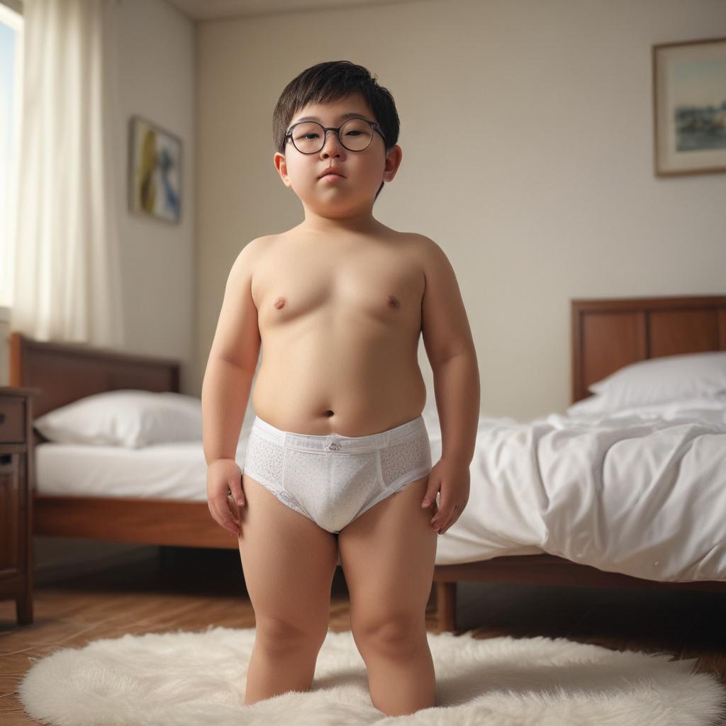 ((masterpiece)), (((best quality))), 8k, high detailed, ultra detailed, A chubby 10 year old boy from Japan wearing white briefs in a room with circle glasses, sleeping hyperrealistic, full body, detailed clothing, highly detailed, cinematic lighting, stunningly beautiful, intricate, sharp focus, f/1. 8, 85mm, (centered image composition), (professionally color graded), ((bright soft diffused light)), volumetric fog, trending on instagram, trending on tumblr, HDR 4K, 8K