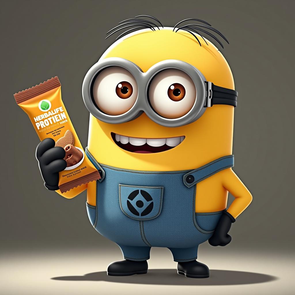  a minion is holding a herbalife nutrition protein bar in anime style.