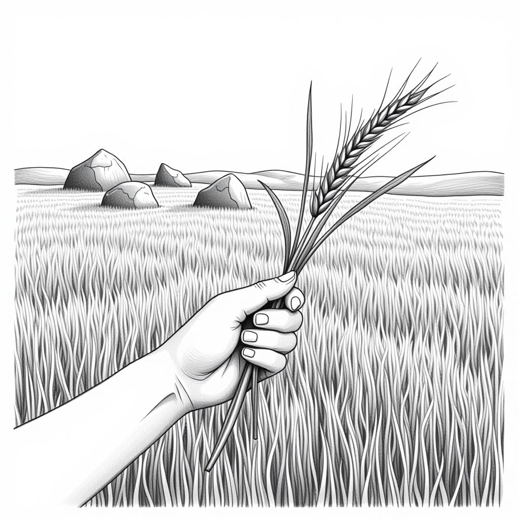  a single wheat straw in a woman's hand against the backdrop of a field with stones. graphic style, pencil drawing.