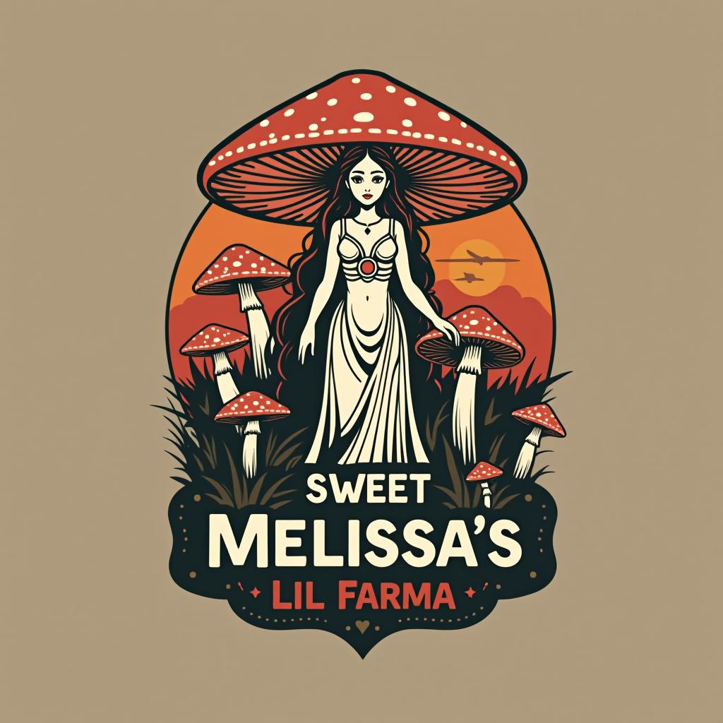  design a logo, mushroom goddess , with the text 'sweet melissa’s lil farma'.