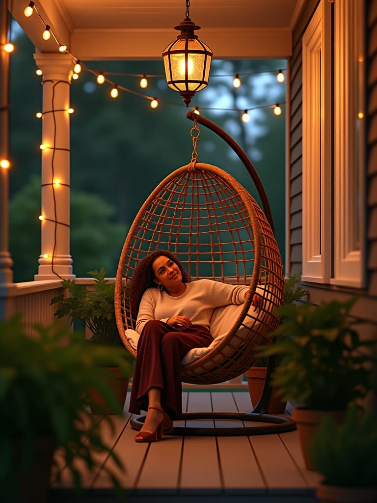  high quality portrait photo of a cozy porch with a hanging rattan egg chair, surrounded by lush potted plants and string lights, viewed from a low angle at dusk hyperrealistic, full body, detailed clothing, highly detailed, cinematic lighting, stunningly beautiful, intricate, sharp focus, f/1. 8, 85mm, (centered image composition), (professionally color graded), ((bright soft diffused light)), volumetric fog, trending on instagram, trending on tumblr, HDR 4K, 8K