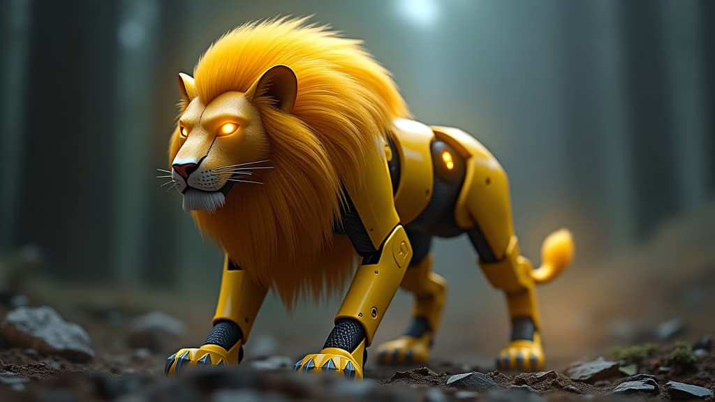  robot lion with yellow fur and glowing eyes