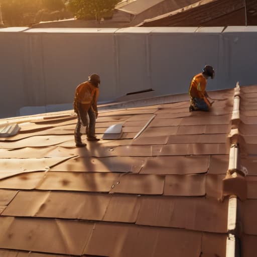 A photo of a group of roofing contractors inspecting a newly constructed roof in an urban environment during the afternoon with warm, golden hour lighting casting long shadows and highlighting the textured surfaces of the building materials.