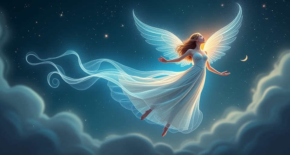  luminescent figure, floating script, ethereal glow, description of attributes, celestial backdrop, serene reverence.. the style is digital art illustration,highly detailed, whimsical,magical, dreamlike atmosphere, realism and fantasy blend, smooth, glossy textures,luminous quality, wonder and enchantment.