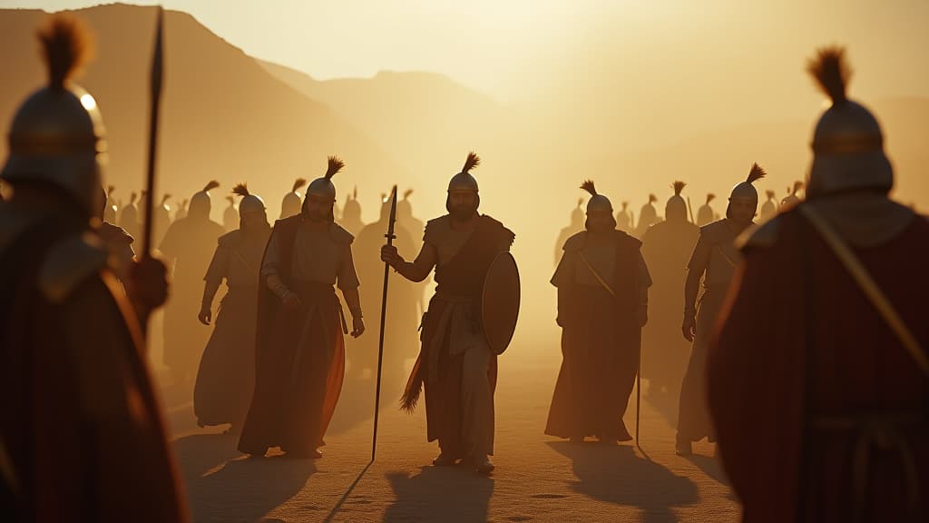  history of biblical times, the moment of the attack, with a cacophony of noise as gideon’s soldiers break their jars and sound the horns, instilling chaos among the midianites. hyperrealistic, full body, detailed clothing, highly detailed, cinematic lighting, stunningly beautiful, intricate, sharp focus, f/1. 8, 85mm, (centered image composition), (professionally color graded), ((bright soft diffused light)), volumetric fog, trending on instagram, trending on tumblr, HDR 4K, 8K