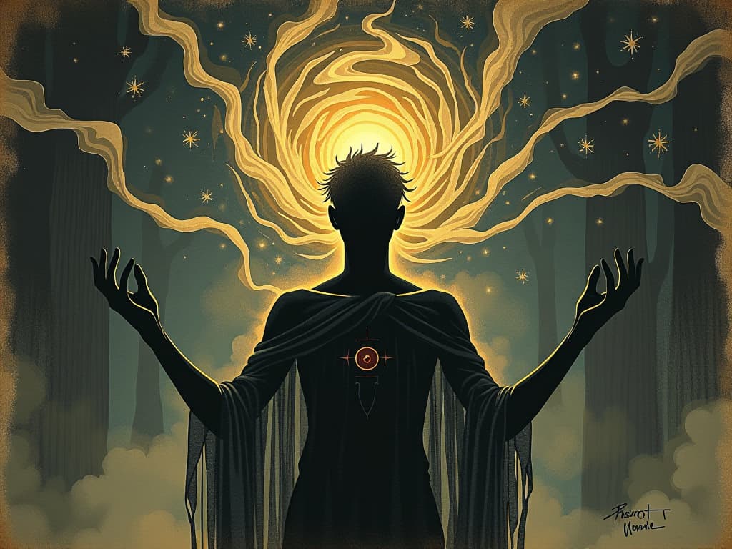  a human silhouette surrounded by swirling energies, glowing around the head, representing higher consciousness, enlightening, elevated. an illustration in the style of a worn, mystical old tarot trump card, mysterious and elements of surrealism. the colors are muted, somber and eerie, but with contrast bring out an occult and esoteric vibe.