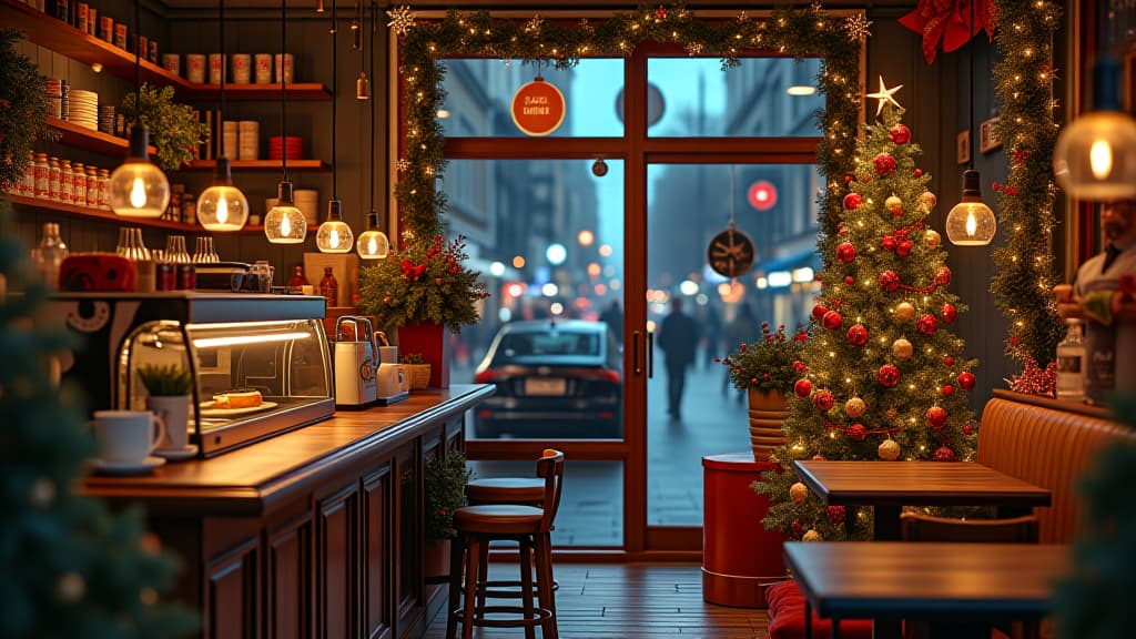  christmas coffee shop in the city at night with many decorations and coffee mugs, award winning, professional, highly detailed, masterpiece