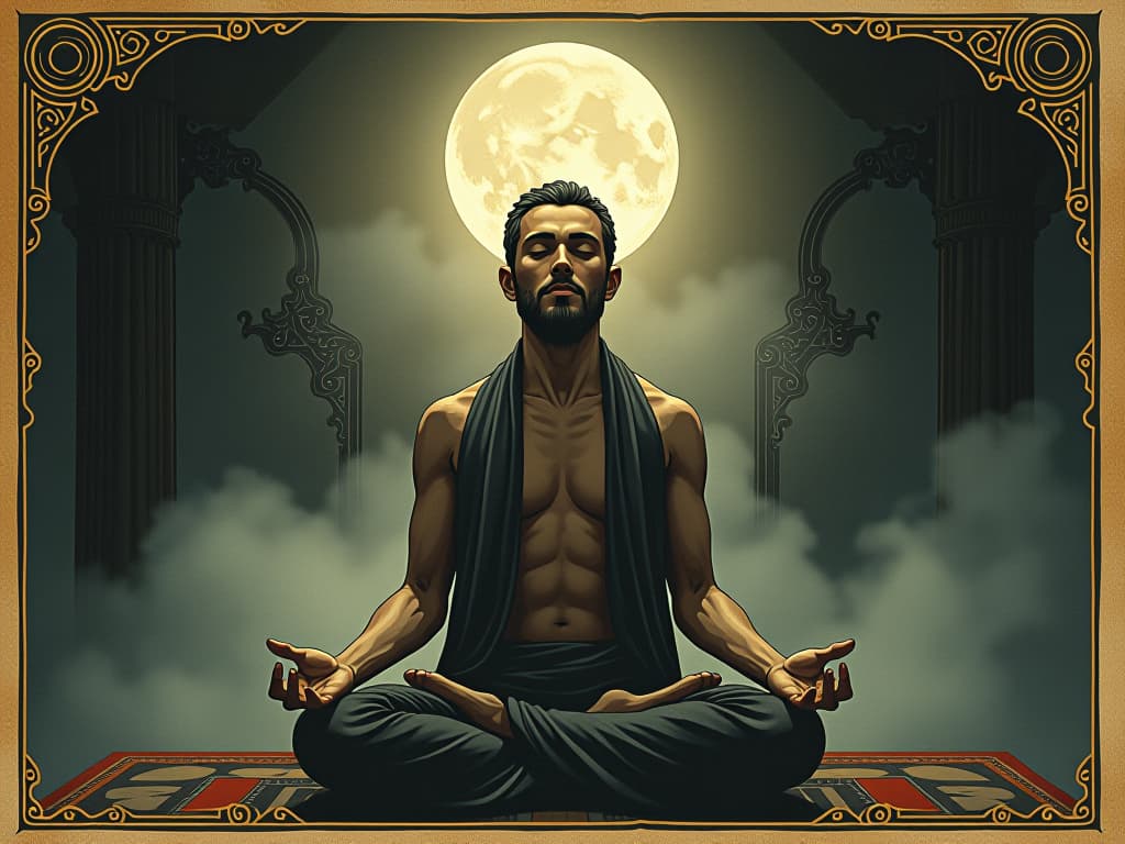  a meditative figure, sitting in lotus position, surrounded by soft light, reflection of calm and clarity on face, aura of understanding. an illustration in the style of a worn, mystical old tarot trump card, mysterious and elements of surrealism. the colors are muted, somber and eerie, but with contrast bring out an occult and esoteric vibe.