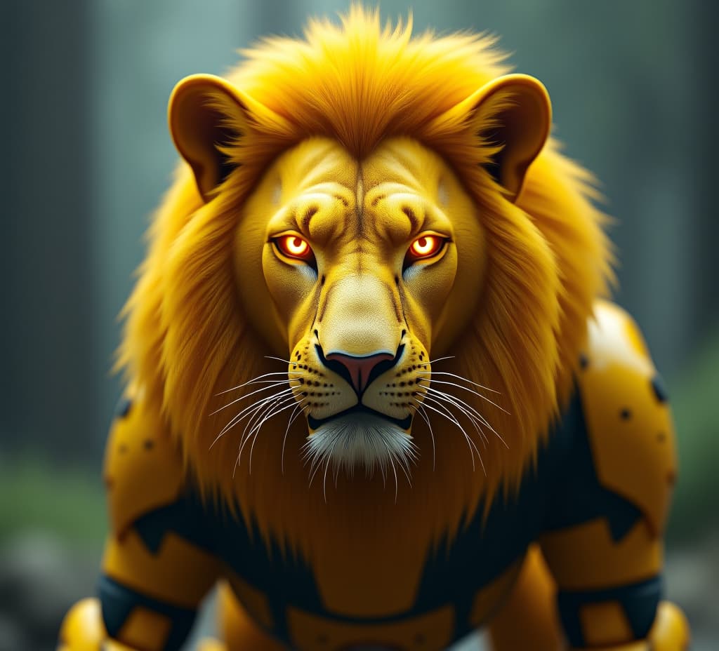  robot lion with yellow fur and glowing eyes